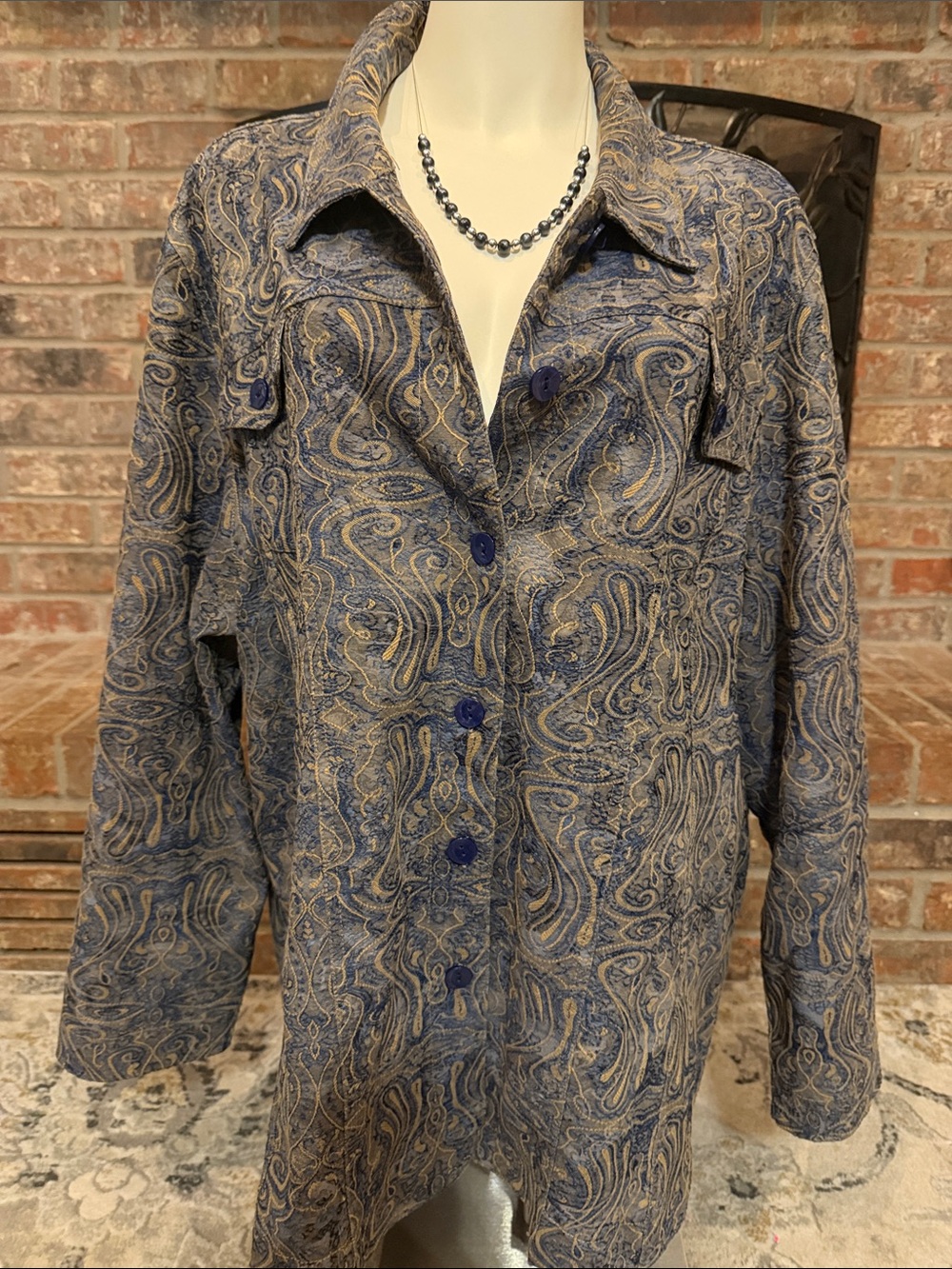 Catherines Women’s 3X 26/28W Blue Tan Paisley Cotton Blend Jacket Plus Size